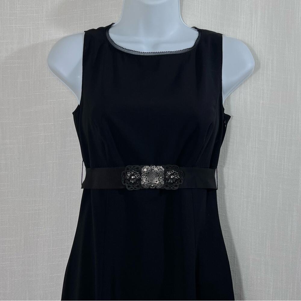 Elie Tahari Black Wool Blend A-Line Dress Size 0 Filigree Belt Sleeveless - Picture 3 of 14